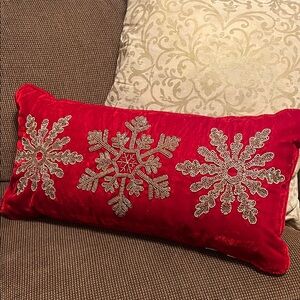 Red Velvety Snowflake Beaded Holiday Pillow, 12” x 24”